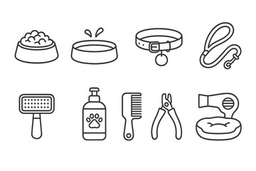 Pet care essentials icon set. grooming, feeding, accessories outline collection