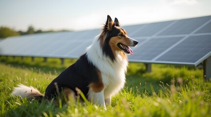 Centralized power generation using solar panels that are installed in a field. A hunting dog sits next to the solar panels.