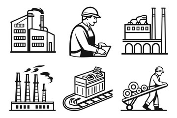 Factory workers and industrial buildings isolated on white background