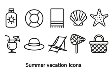 Summer vacation icon set. beach and travel essentials outline style collection