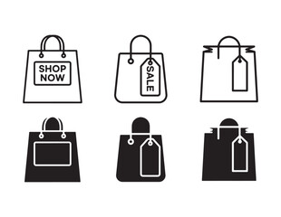 Collection of six shopping bag icons with sale and shop now labels isolated on white background