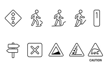 Hiking, outdoor safety line icon set for navigation and trail warnings essentials