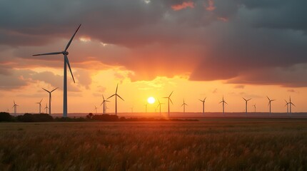 Wind turbines in wheat field against beautiful sunset after rain. Industrial area in a field in nature. Wind blades and turbines. Ветряк.