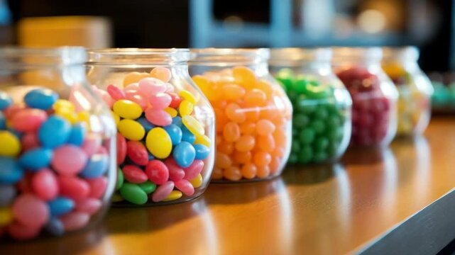Candy store counter featuring an array of colorful dragee and jelly candies.