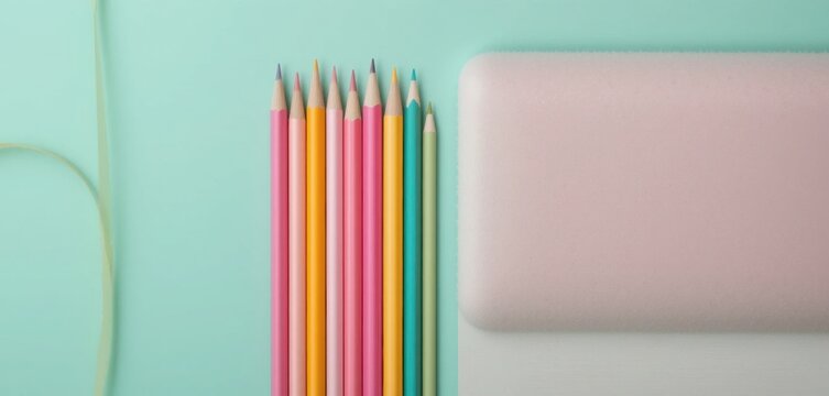 Pastel colored pencils and pink eraser on a mint green background