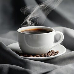 Steaming cup of coffee with beans isolated on white background