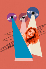 Trend artwork banner sketch 3D photo collage of young woman head amazed face peek ray vision eye...