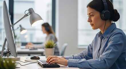 Focused Office Worker Wearing Headphones Typing on Keyboard with Desk Lamp