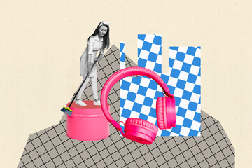 Poster trend sketch template 3D photo collage of oil barrel young lady housewife clean space huge...