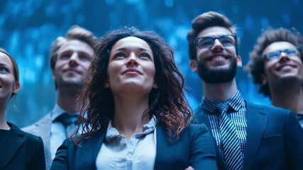 Diverse group of professionals stands confidently, gazing forward with optimism. They embody teamwork, leadership, and ambition in a modern business environment