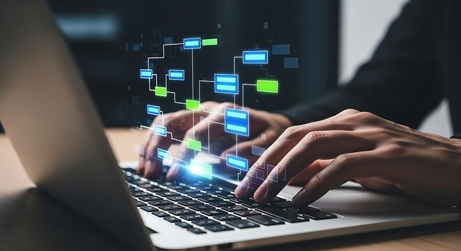 Hands typing on laptop with digital network overlay - Powered by Adobe