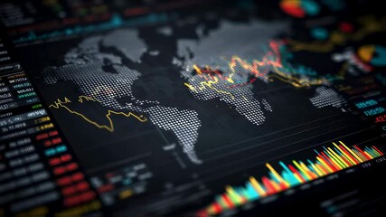 Stylized world map highlighting key financial indicators enhanced by statistical charts and diagrams depicting realtime data analytics in the context of global trading environments. - Powered by Adobe