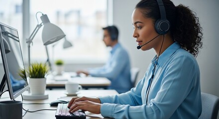 Focused Woman Wearing Headset Typing on Computer in Bright Office