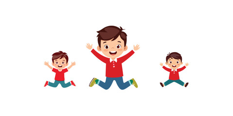 Three happy boys jumping in red shirts and blue pants vector