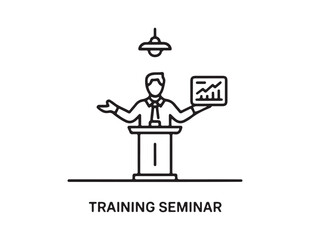 Man presenting a financial graph at a podium during a training seminar isolated on white background