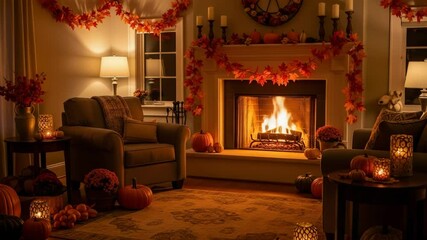 Cozy living room decorated for autumn and Thanksgiving, featuring a lit fireplace, warm lighting, and a mantel adorned with pumpkins and fall leaves, creating an inviting ambiance