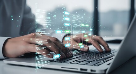 Person working on laptop with virtual flowchart