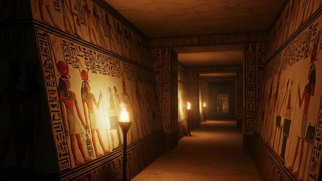 Ancient Egyptian tomb hallway illuminated by torches, revealing intricate hieroglyphs and carvings on its walls and pillars, showcasing historical mystery and grandeur