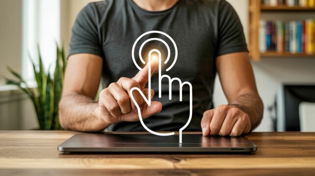 Person touching digital cursor icon on laptop hand