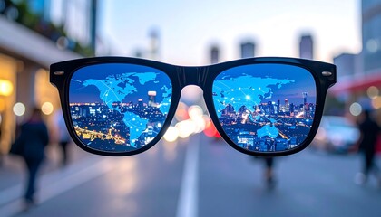 Cityscape reflected in glasses with world map