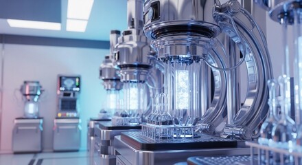 Futuristic Laboratory Equipment with Glowing Vials and Scientific Instrumentation.