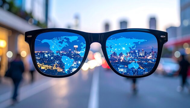 Cityscape reflected in glasses with world map