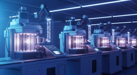 Futuristic laboratory with robotic arms and glowing test tubes in a blue-lit environment