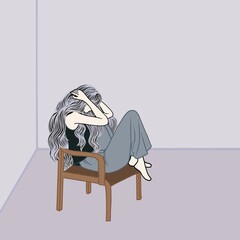 A sad woman sitting curled up on a chair in a quiet room, expressing loneliness, emotional distress, or depression.