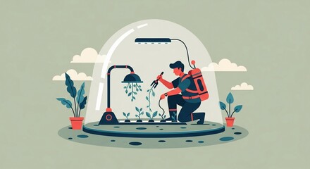 Gardener Tending Plants Inside a Glass Dome with Modern Lighting and Tools