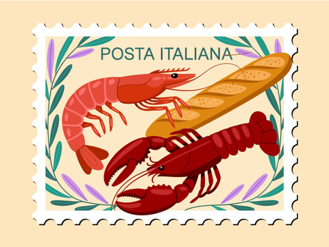 Posta italiana seafood stamp, lobster and shrimp, olive branch border, Mediterranean cuisine, vintage travel, retro vector art