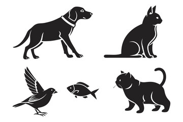 A dog, two cats, a bird, and a fish isolated on white background