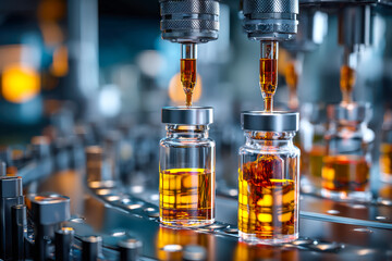 Pharmaceutical production line with liquid filling process in a modern laboratory