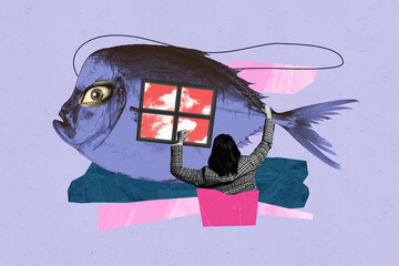 Image pop 3d zine collage of happy girl guy stand fish unusual underwater habitat home window...