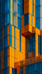 Modern geometric facade of a colorful office building with bold orange and blue accents