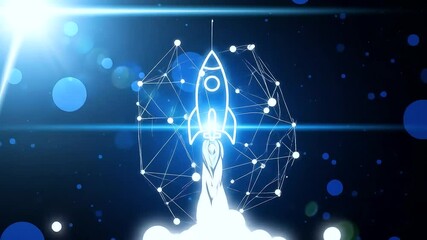 Rocket launching into futuristic digital space
