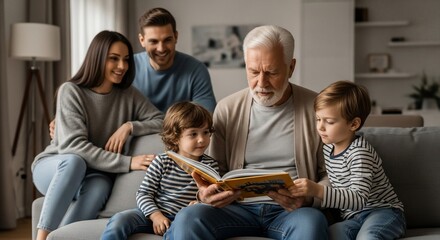 Grandfather reading to grandsons with family watching on a gray sofa indoors