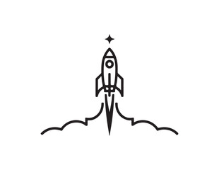 Stylized rocket launching with smoke trails and a star isolated on white background
