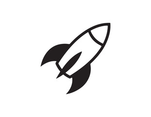 Simple black rocket ship icon in motion isolated on white background
