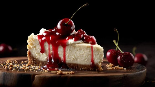 Creamy cheesecake slice generously topped with vibrant cherry sauce and fresh cherries.
