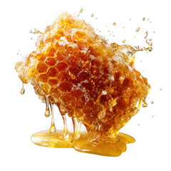 Golden honeycomb dripping sweet nectar with liquid splashes isolated on transparent background