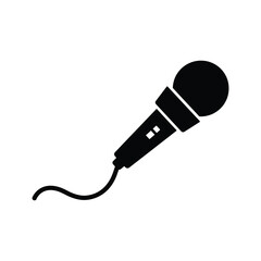 A black silhouette of a microphone with a cord, isolated on white background