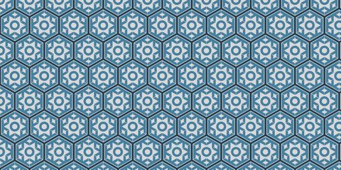 Seamless geometric pattern with circle motif surrounded by triangular arrows inside double hexagons