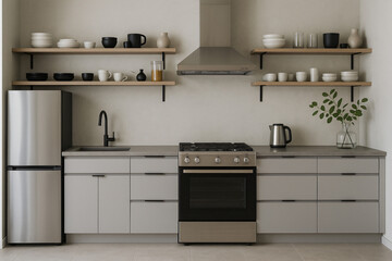 Modern Minimalist Kitchen Interior: Neutral Tones, Stainless Steel Appliances, and Open Shelving with Greenery.