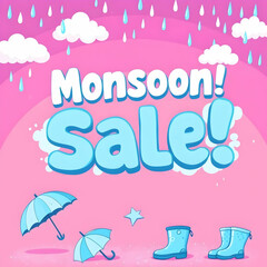 Monsoon sale advertisement with rain clouds umbrellas and rain boots on a pink background design style