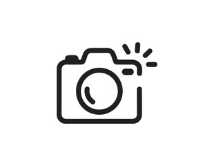 Simple black line art icon of a camera with a flash isolated on white background