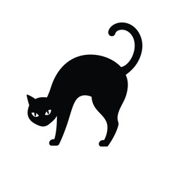 A black cat with an arched back and raised tail is isolated on white background