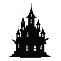 Obraz premium A spooky haunted castle with gothic architecture stands silhouetted against an isolated white background