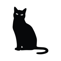 A sleek black cat with piercing eyes sits gracefully, isolated on white background