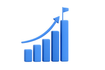 3D blue growing bar chart icon with upward arrow and success flag isolated on transparent background