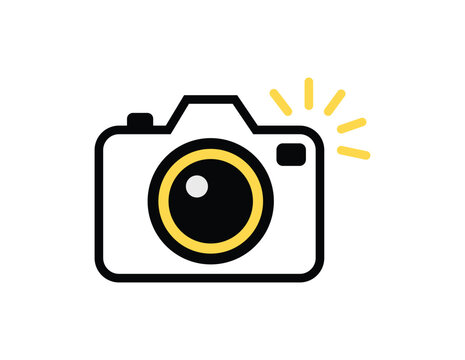 Simple camera icon with flash symbol isolated on white background